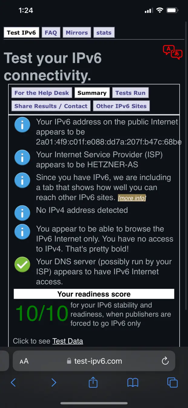 test-ipv6.com result on IOS