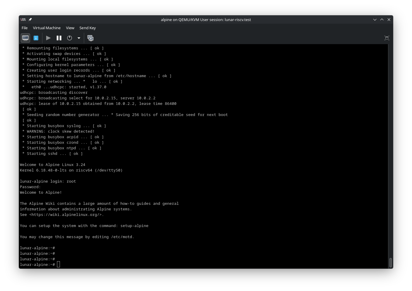Alpine Linux VM console output
