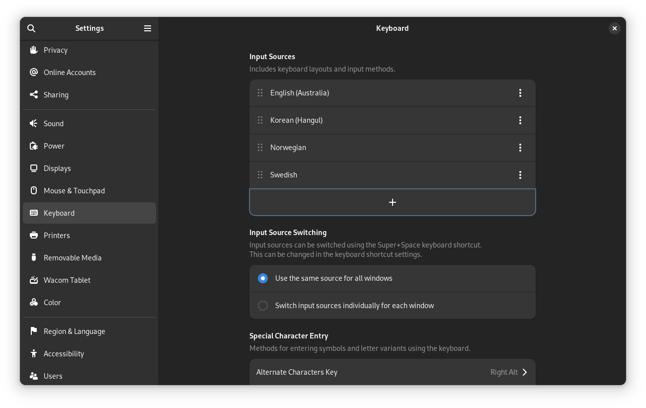 GNOME keyboard settings